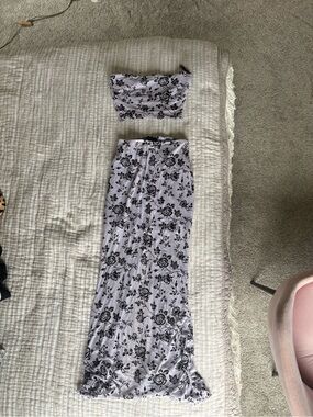 Floral Tube Top and Maxi Skirt Set - Lavender with Black Print